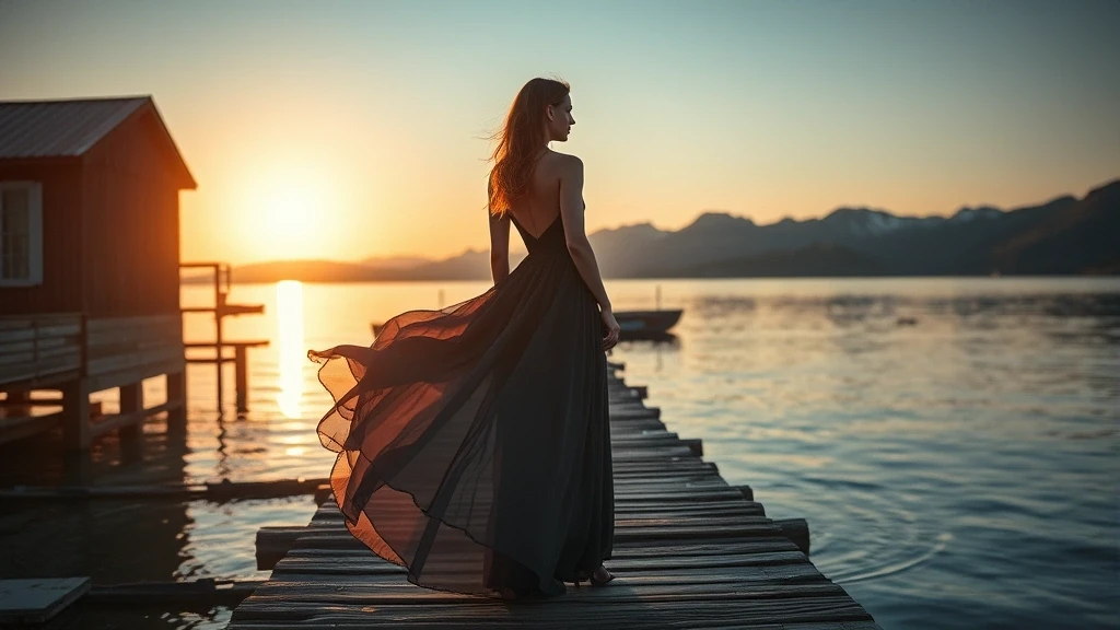 Elegante Frau auf dem verlassenen Hafenpier in Pyramiden mit Blick auf arktische Berge