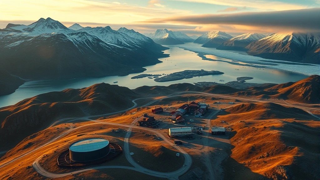 Luftaufnahme der verlassenen Bergbaustadt Pyramiden in Norwegen mit arktischen Bergen und Gletschern zur goldenen Stunde
