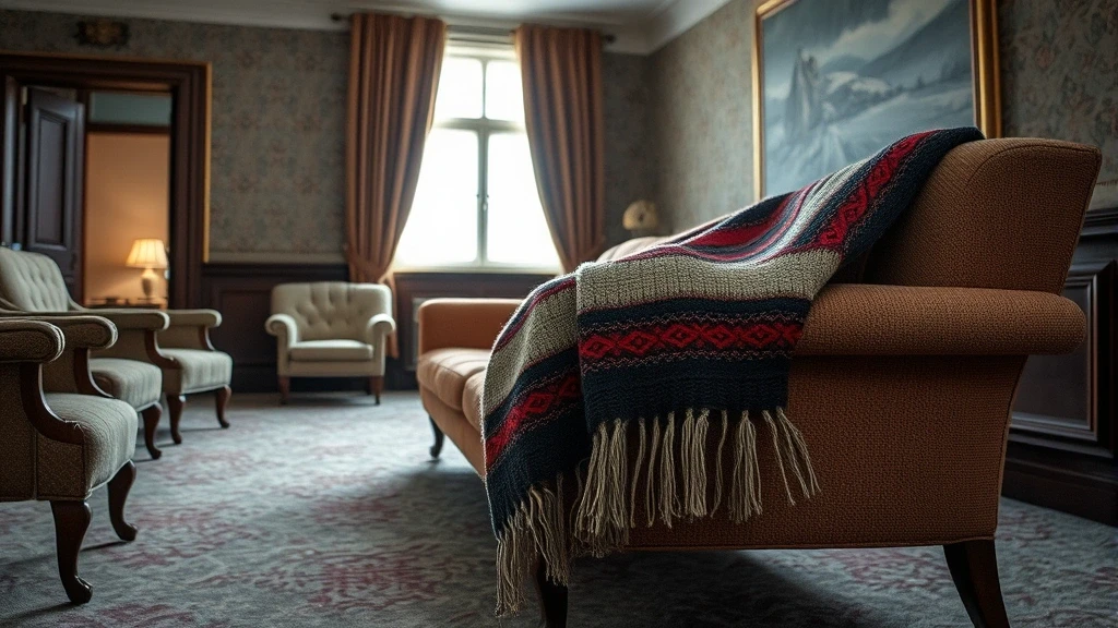 Traditionelle norwegische Wolldecke auf sowjetischem Moebel im verlassenen Hotel in Pyramiden