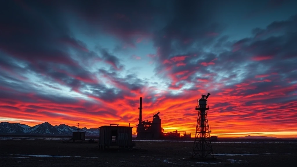 Sonnenuntergang ueber dem Adventfjorden in Pyramiden mit verlassenen Industriegebaeuden im Silhouette