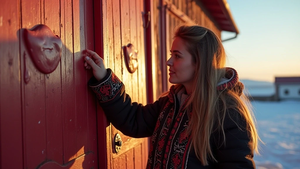 Lokale Frau in traditioneller Anorak vor historischer Holzkirche in Qaqortoq