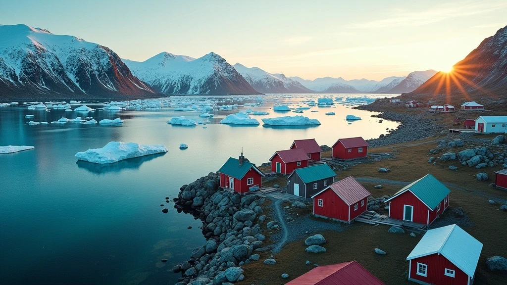 Luftaufnahme von Qaqortoq mit bunten Haeusern, arktischen Fjorden und Eisbergen zur goldenen Stunde