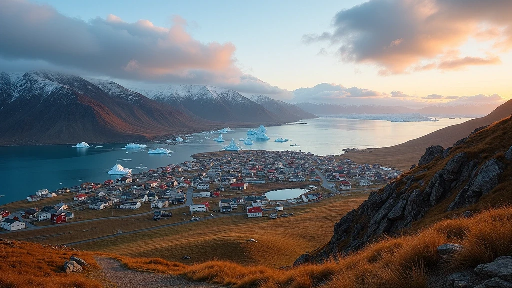 Panoramablick auf buntes Qaqortoq mit Fjord und Eisbergen aus der Bergperspektive