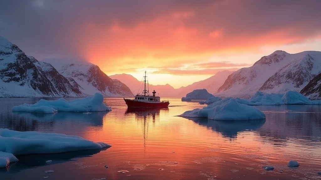 Sonnenuntergang ueber arktischem Fjord mit leuchtenden Eisbergen in Qaqortoq, Groenland