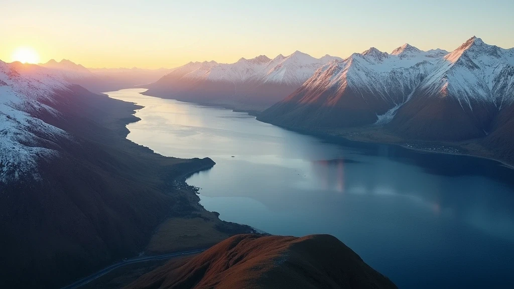 Luftaufnahme der Southern Alps und Lake Wakatipu in Queenstown zur goldenen Stunde
