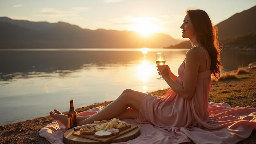 Elegante Frau geniesst Sonnenuntergang-Picknick am Lake Wakatipu Ufer in Queenstown Umgebung