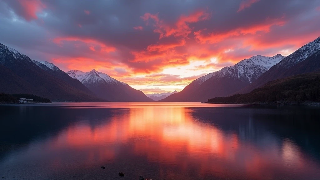 Sonnenuntergang ueber Lake Wakatipu in Queenstown Umgebung mit spiegelglatter Wasseroberflaeche