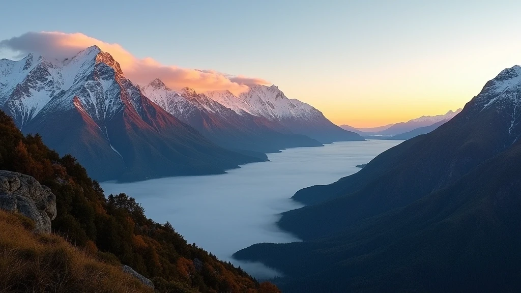 Panorama der Remarkables Bergkette in Queenstown Umgebung bei Sonnenaufgang mit Alpengluehen