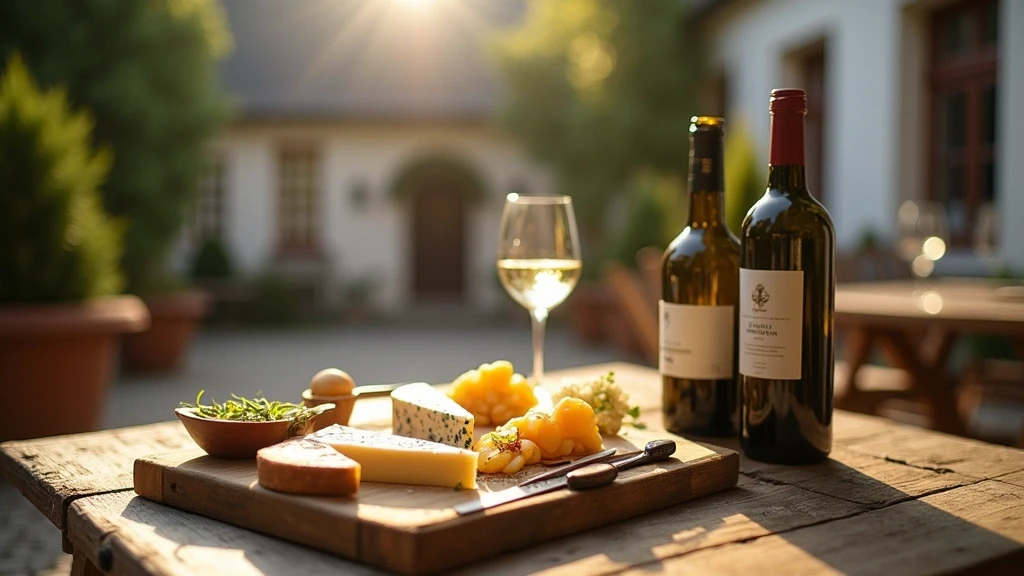 Traditioneller Liechtensteiner Kaese-Teller mit Wein im Hof von Quellwasser Schloss
