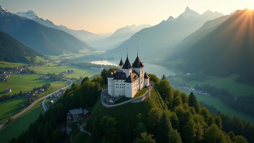 Luftaufnahme von Quellwasser Schloss in Liechtenstein mit Alpenpanorama zur goldenen Stunde
