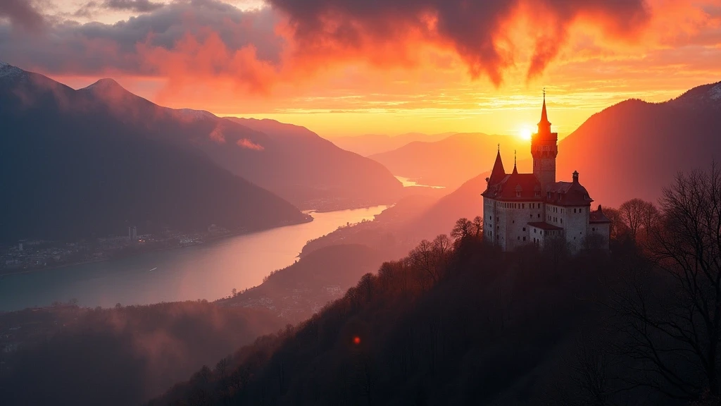 Panoramablick auf das Rheintal von Quellwasser Schloss in Liechtenstein bei Sonnenuntergang