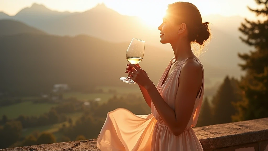 Elegante Frau geniesst Wein auf der Terrasse von Quellwasser Schloss in Liechtenstein