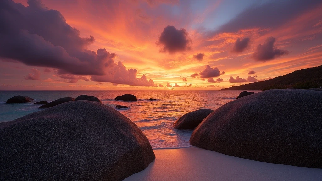 Sonnenuntergang ueber den Granitfelsen von Anse Lazio Beach auf Raffles Praslin Seychellen