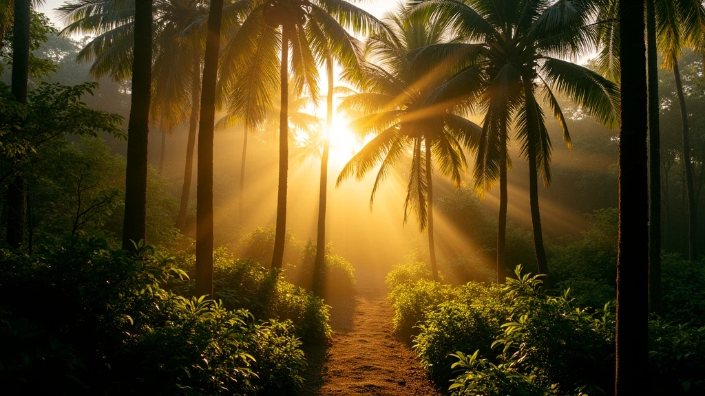 Goldene Stunde im Vallée de Mai Palmenwald auf Raffles Praslin Seychellen mit Coco de Mer