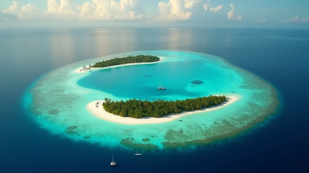 Luftaufnahme des Rasdhoo-Atolls auf den Malediven mit tuerkisfarbener Lagune und Sandbänken zur goldenen Stunde