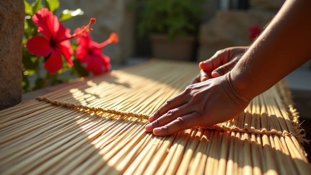 Hande eines Handwerkers beim Flechten traditioneller Palmblattmatten in Rasdhoo auf den Malediven