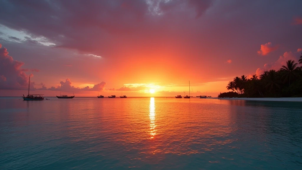 Panorama-Sonnenuntergang ueber der Lagune von Rasdhoo auf den Malediven mit Bootssilhouetten