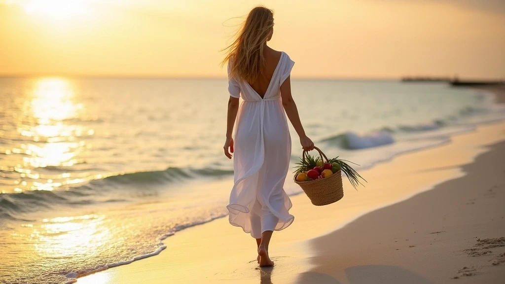 Elegante Frau am Strand von Rasdhoo auf den Malediven mit Fruechtekorb zur goldenen Stunde