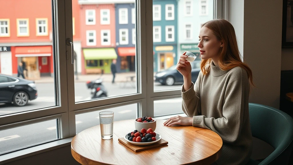 Elegante Frau probiert Skyr mit Beeren in einem Café in Reykjavík mit Blick auf Laugavegur