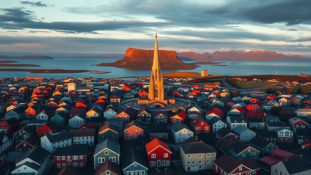 Luftaufnahme von Reykjavík mit bunten Dächern, Hallgrímskirkja und Esja-Berg zur goldenen Stunde