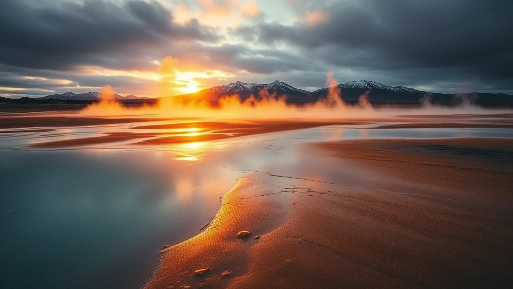 Goldene Stunde am Nauthólsvík Geothermal-Strand in Reykjavík mit Dampf und Lagune