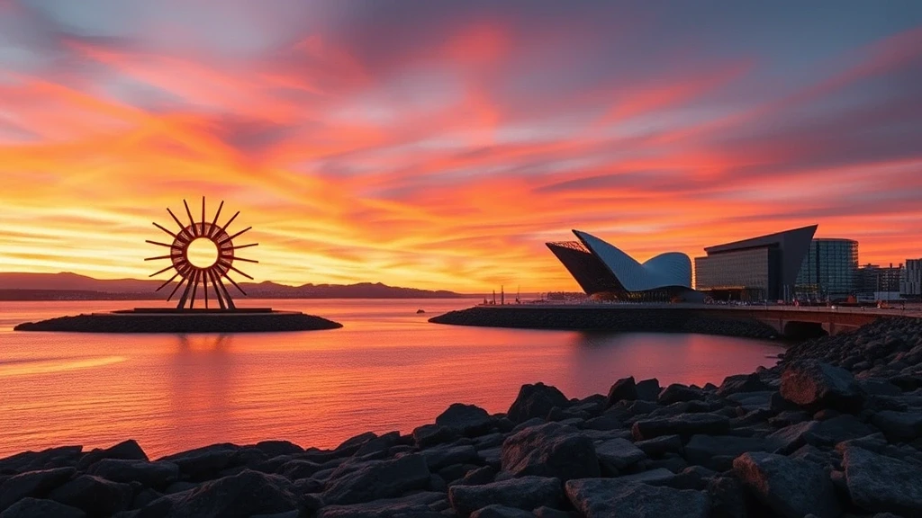 Panorama der Sun Voyager Skulptur in Reykjavík bei Sonnenuntergang mit Harpa Konzerthalle