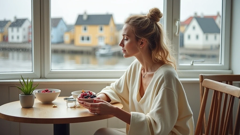 Elegante Frau geniesst traditionellen Skyr in skandinavischem Cafe in Reykjavik mit Blick auf bunte Haeuser