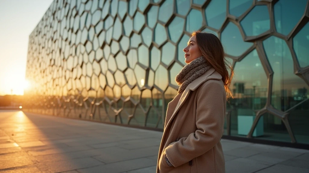 Stylische Reisende bewundert die geometrische Glasfassade des Harpa Konzerthauses in Reykjavik zur goldenen Stunde