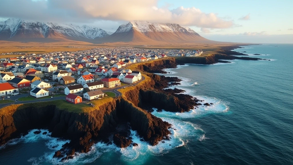Luftaufnahme von Reykjavik mit farbigen Daechern, vulkanischer Kueste und schneebedeckten Bergen zur goldenen Stunde
