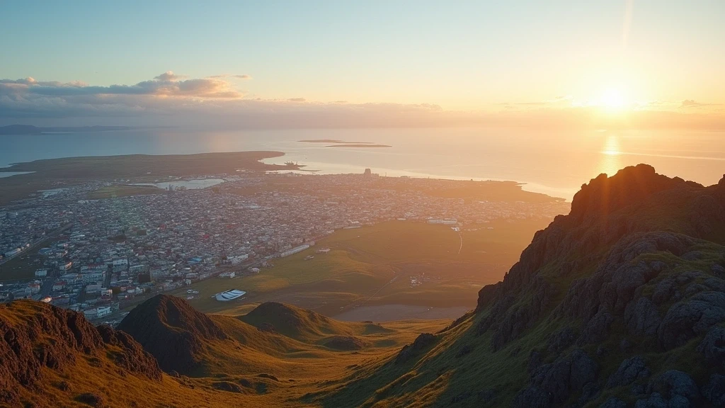 Panoramablick von Perlan Kuppel auf Reykjavik Stadtbild, Faxaflói Bucht und vulkanische Landschaft im Morgenlicht