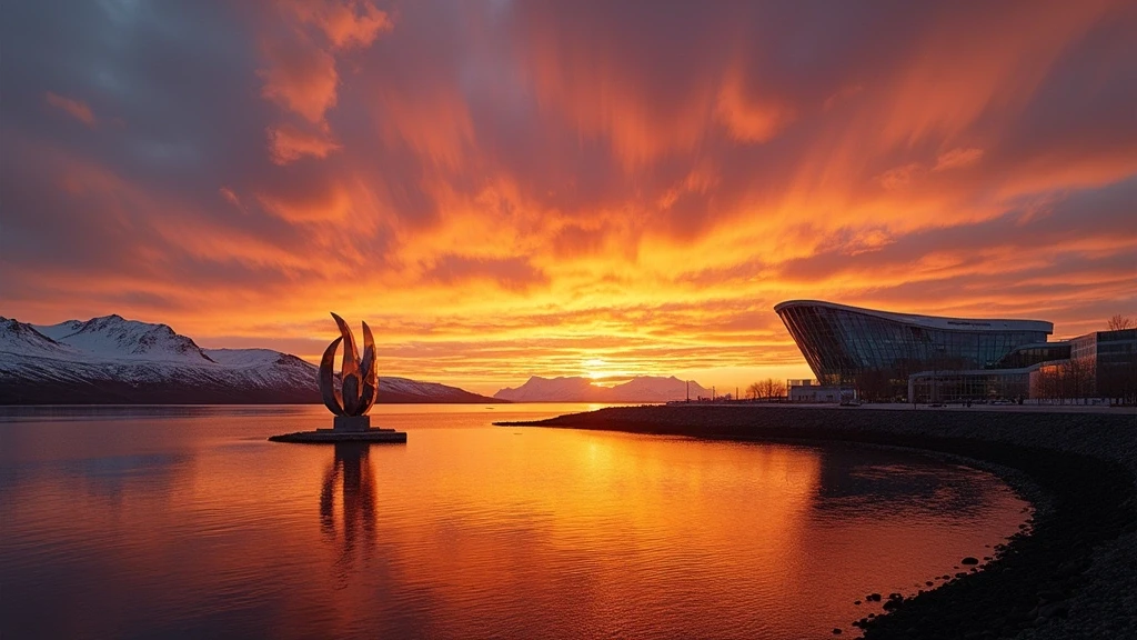 Sonnenuntergang ueber der Sun Voyager Skulptur in Reykjavik mit Harpa Konzerthalle und Esja Berg im Hintergrund