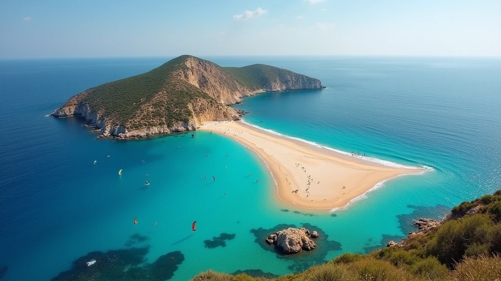 Panoramablick auf Prasonisi Strand in Rhodos, wo Aegaeis und Mittelmeer zusammentreffen