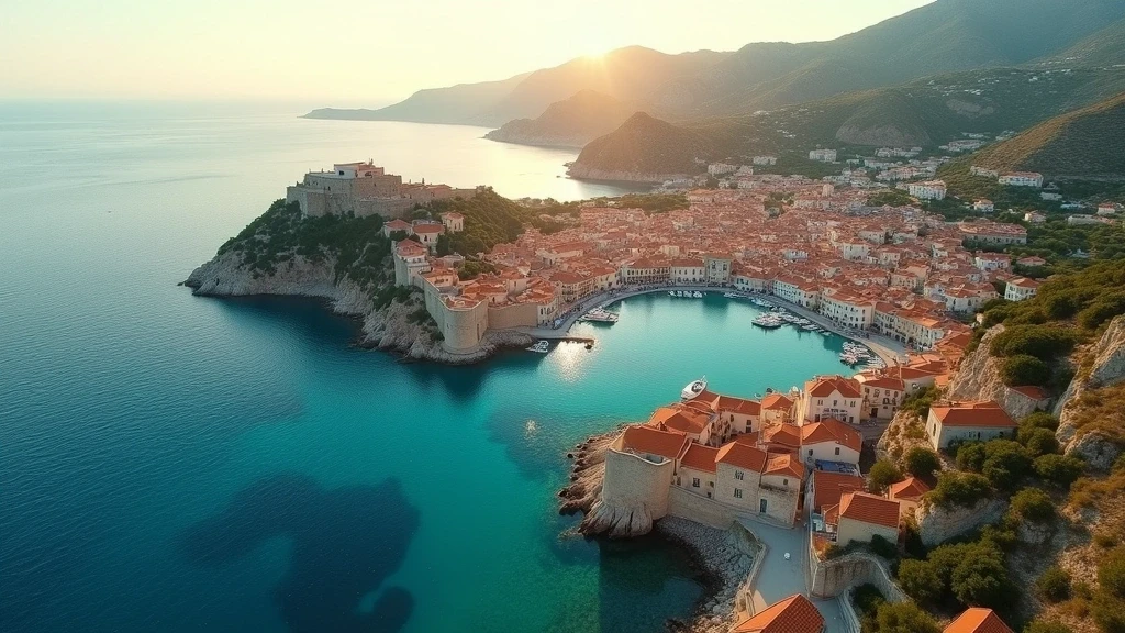 Luftaufnahme der mittelalterlichen Altstadt von Rhodos zur goldenen Stunde mit tuerkisfarbenem Meer