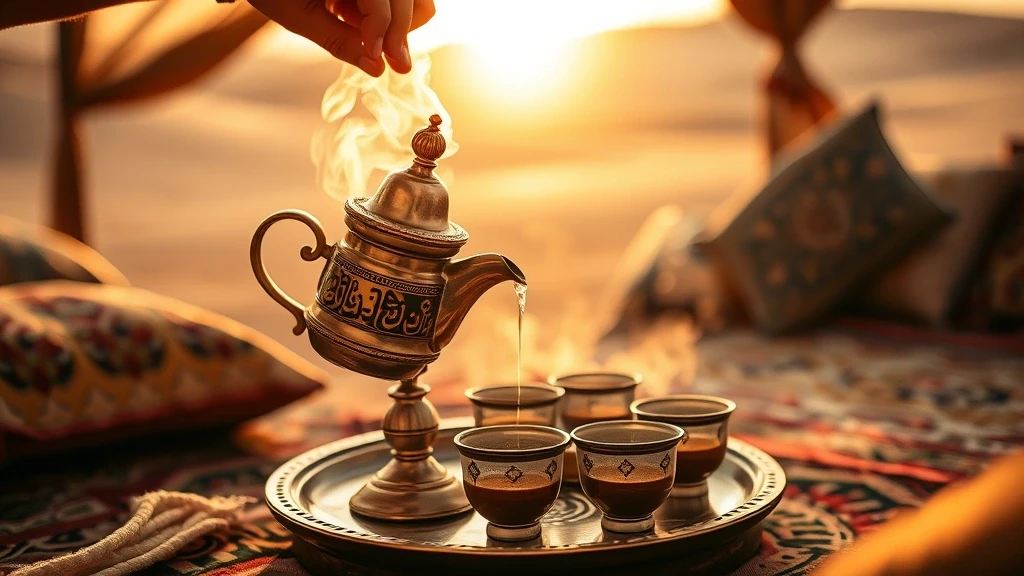 Traditionelle arabische Kaffeezeremonie in Riad, Saudi-Arabien mit detailreicher Dallah-Kanne