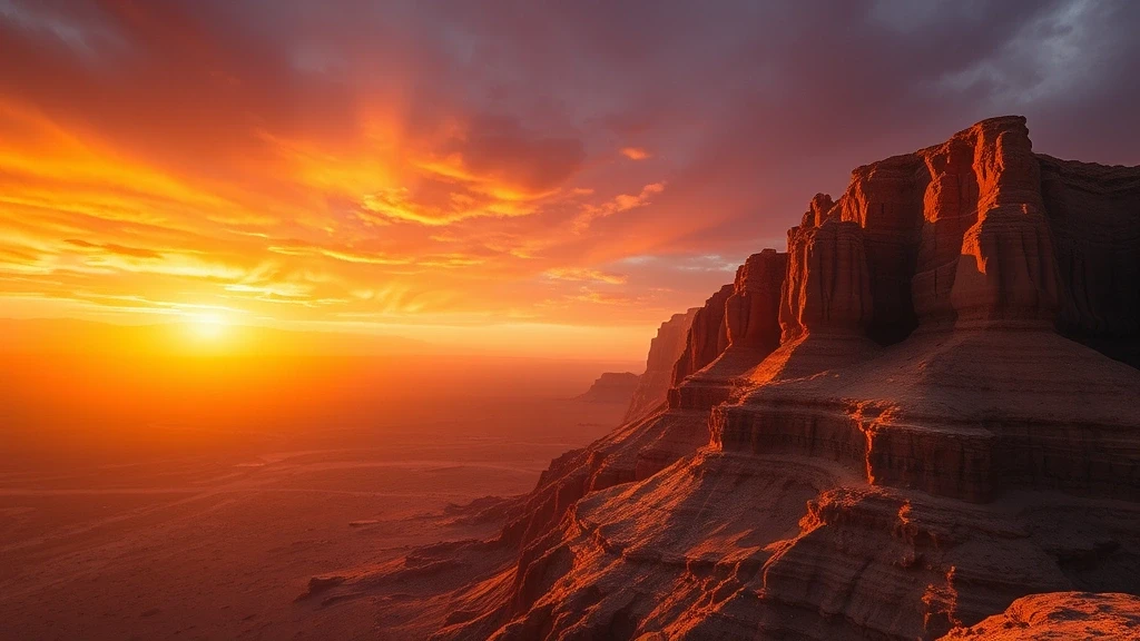 Sonnenuntergang am Edge of the World in Riad, Saudi-Arabien mit dramatischem Himmel und goldenem Licht