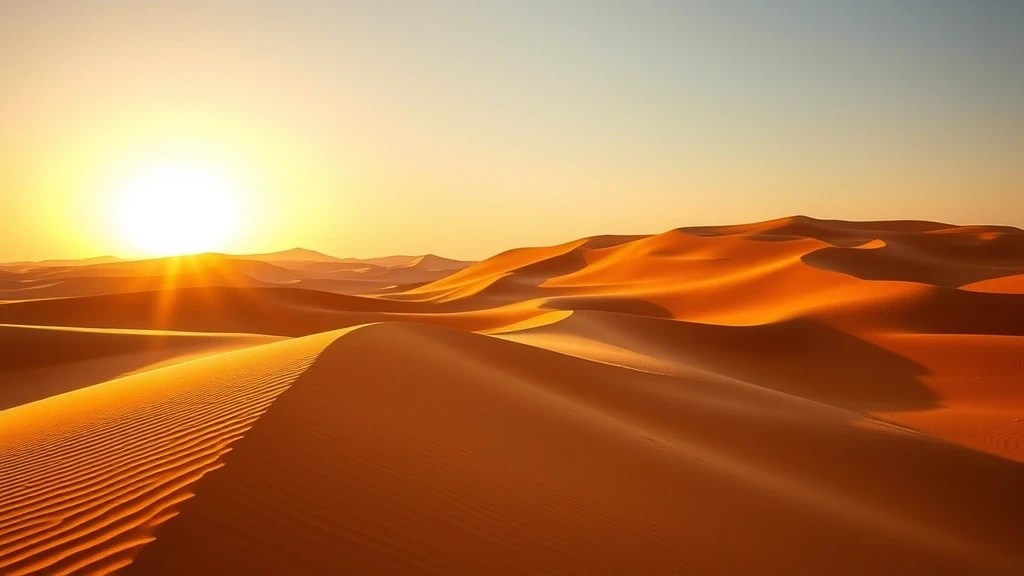 Goldene Stunde an den roten Sandduenen von Riad, Saudi-Arabien mit wellenartigen Mustern