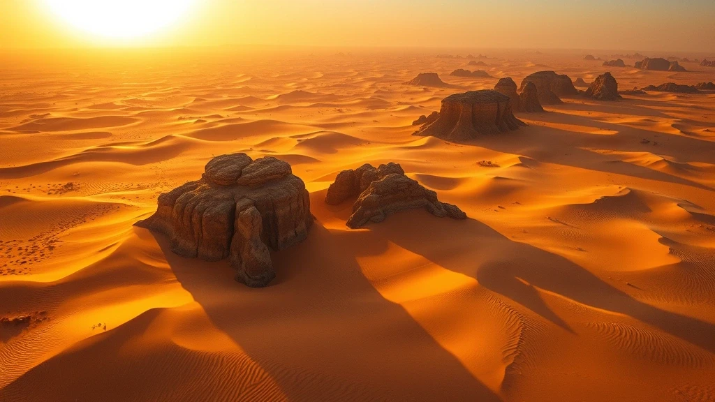 Luftaufnahme der goldenen Sandduenen von Riad, Saudi-Arabien zur goldenen Stunde mit dramatischen Felsformationen