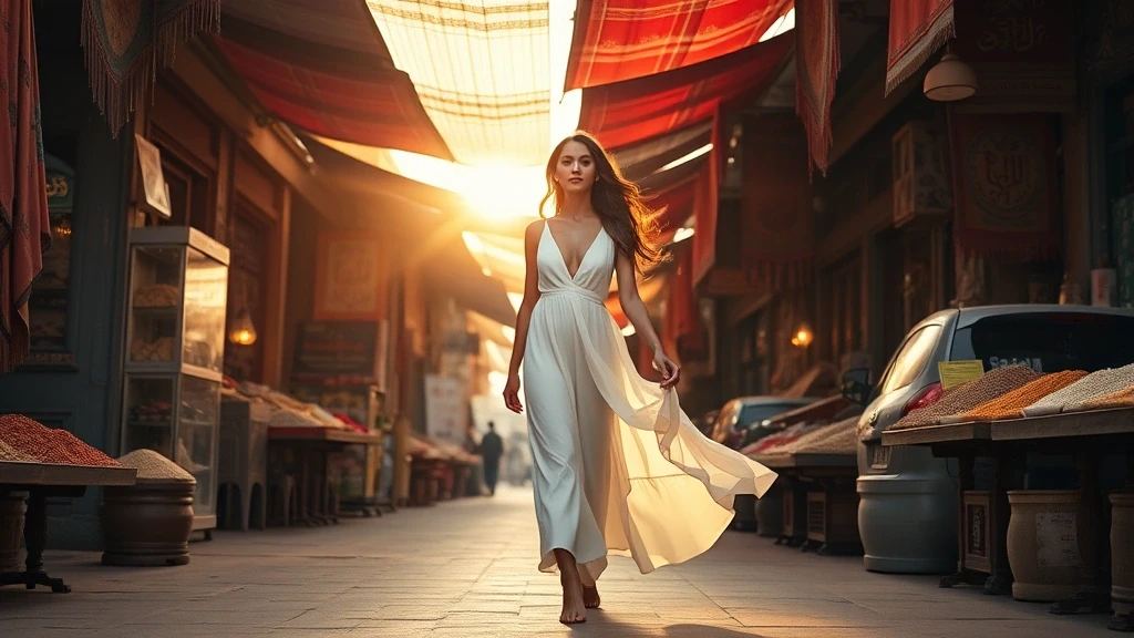 Elegante Frau im weissen Kleid auf dem traditionellen Souk von Riad, Saudi-Arabien zur goldenen Stunde