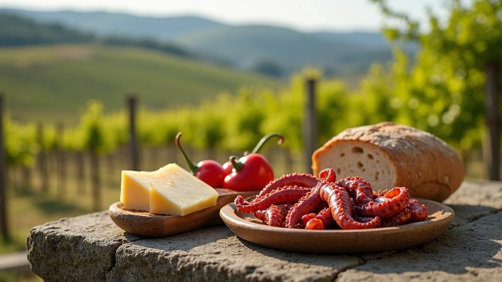 Traditionelle galicische Küche auf Steinplatte mit Blick auf Weinberge in Ribeira Sacra