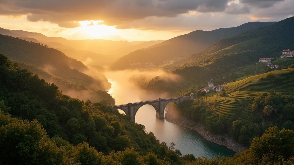 Panoramablick auf den Miño-Fluss durch tiefe Canyons in Ribeira Sacra bei Sonnenuntergang