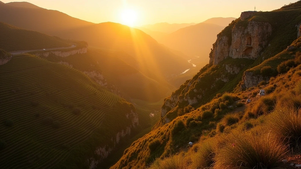 Goldene Stunde im Sil Canyon mit terrassierten Weinbergen und historischen Höhlen in Ribeira Sacra