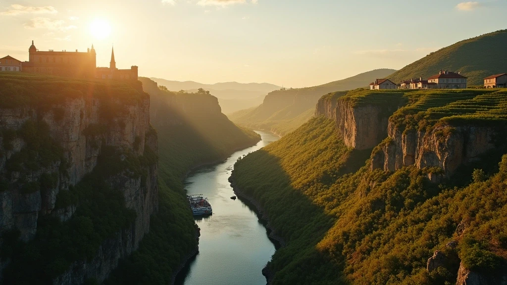 Dramatische Luftaufnahme des Sil Canyons mit terrassierten Weinbergen in Ribeira Sacra zur goldenen Stunde