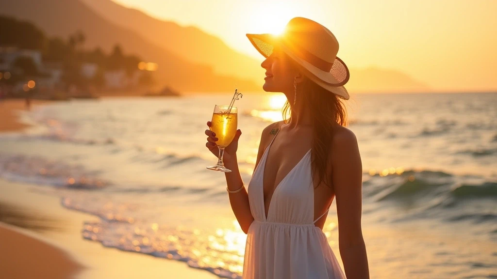 Elegante Frau im weissen Kleid geniesst Caipirinha am Leblon Strand in Rio de Janeiro bei Sonnenuntergang