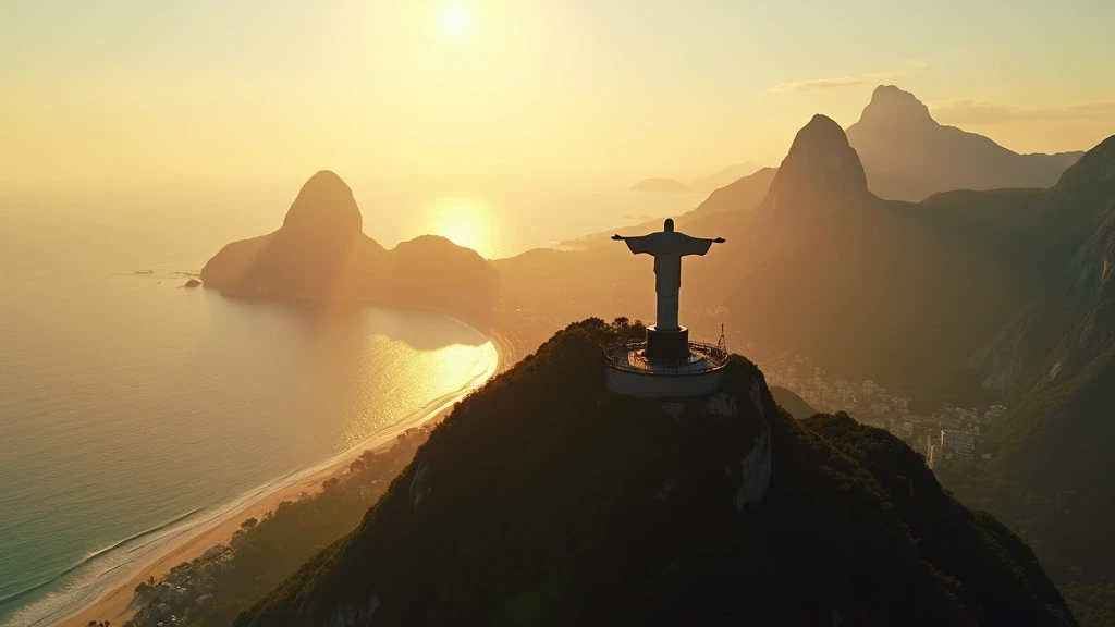 Luftaufnahme von Rio de Janeiro mit Christusstatue, Zuckerhut und Copacabana Strand zur goldenen Stunde