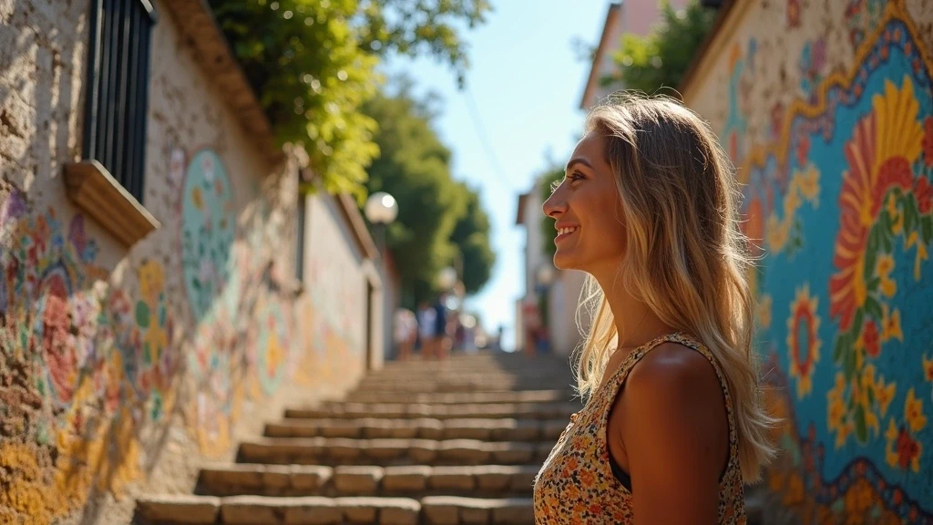 Stylische Reisende bewundert die bunten Selarón-Stufen in Santa Teresa, Rio de Janeiro