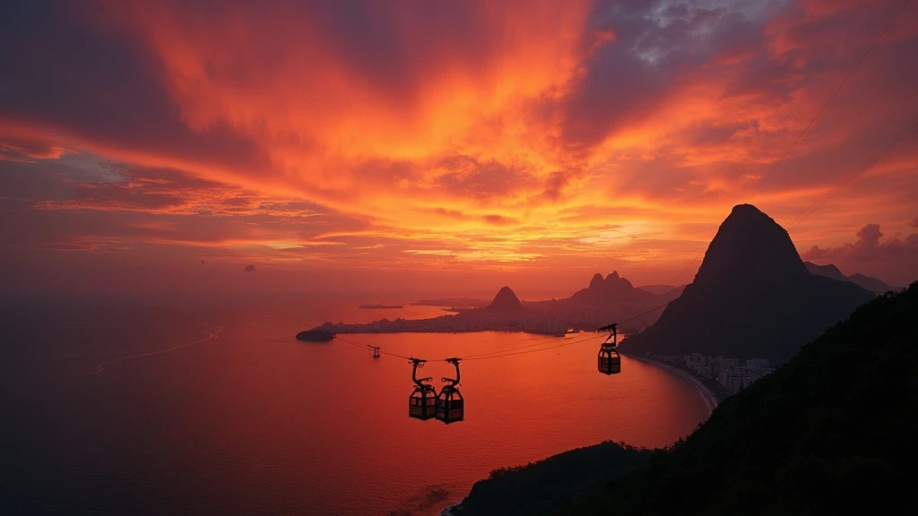 Sonnenuntergang ueber dem Zuckerhut in Rio de Janeiro mit Spiegelung in der Guanabara-Bucht