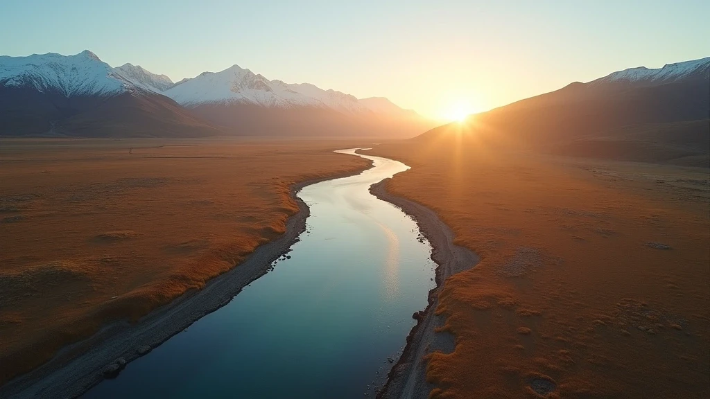 Dramatische Luftaufnahme des Rio Grande Flusses in der patagonischen Steppe mit schneebedeckten Anden im Hintergrund