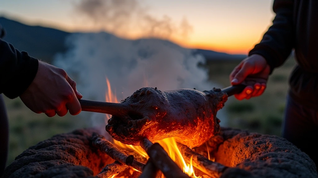 Traditionelles patagonisches Lamm-Asado am offenen Feuer am Rio Grande in Chile