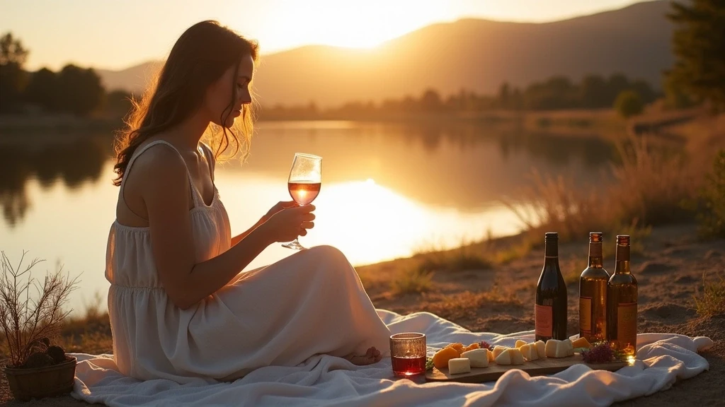 Elegante Reisende geniesst Picknick am Ufer des Rio Grande Flusses zur goldenen Stunde