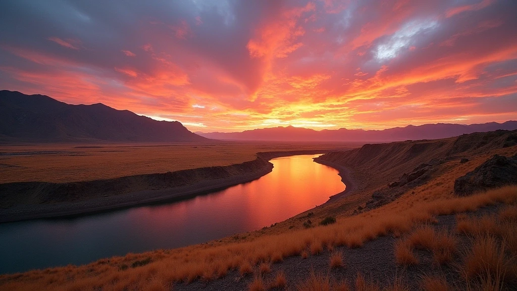 Panoramablick auf das Rio Grande Tal bei Sonnenuntergang mit spiegelndem Fluss und goldenen Himmel